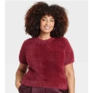 Women's Fuzzy Short Sleeve Crewneck Pullover Sweater - a New Day Burgundy XXL